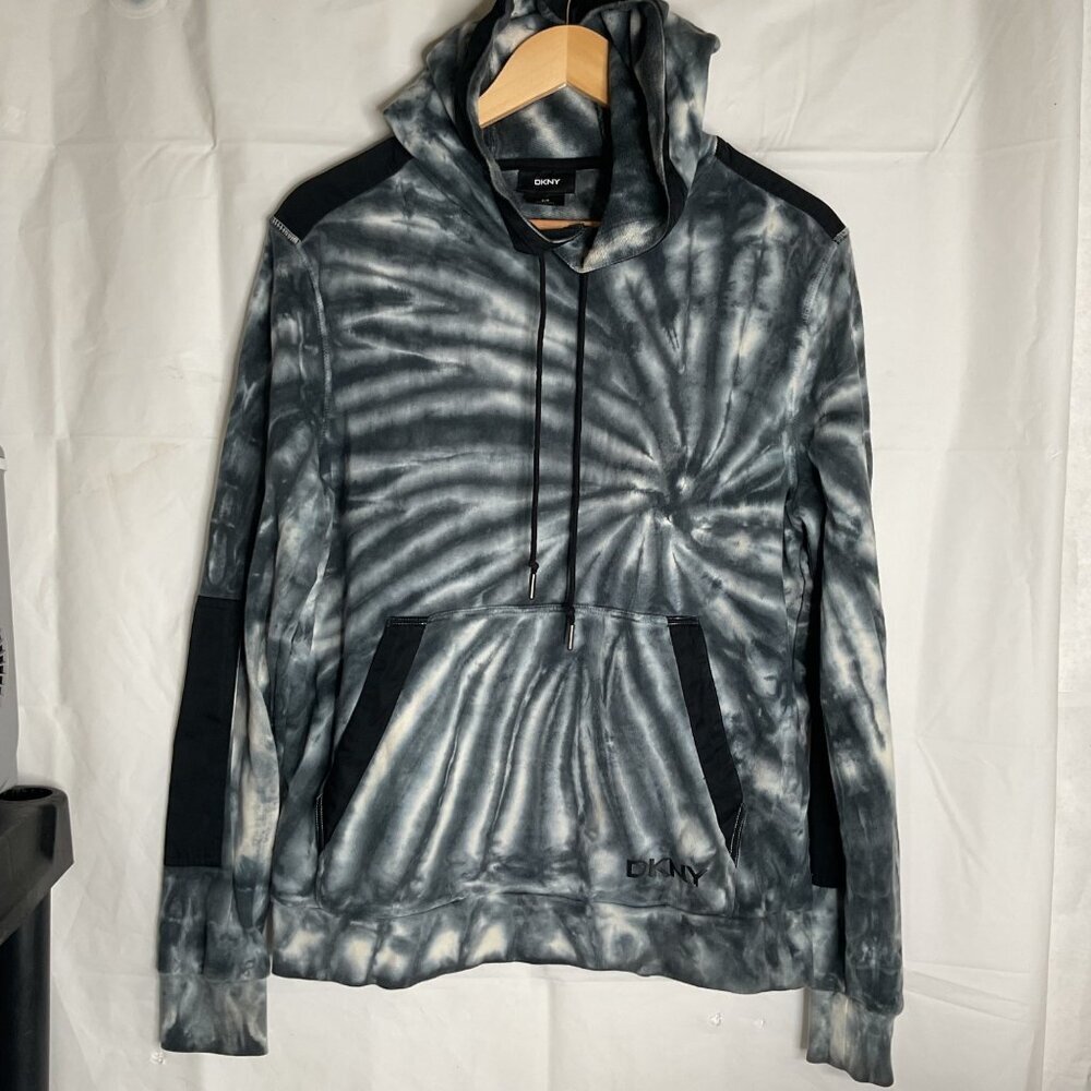 DKNY Mens Tie-Dye Pullover Hoodie Black/Gray Size M Cotton Blend Casual